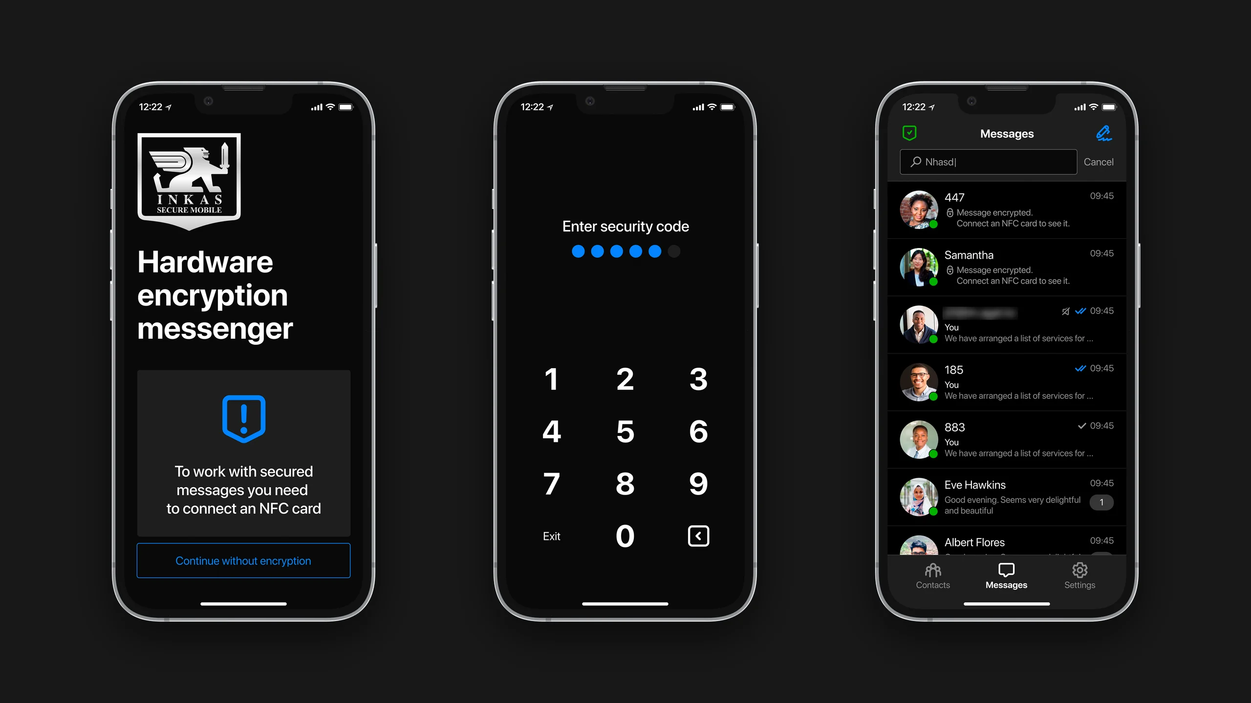 The first screen, the security-code lock and the message list.