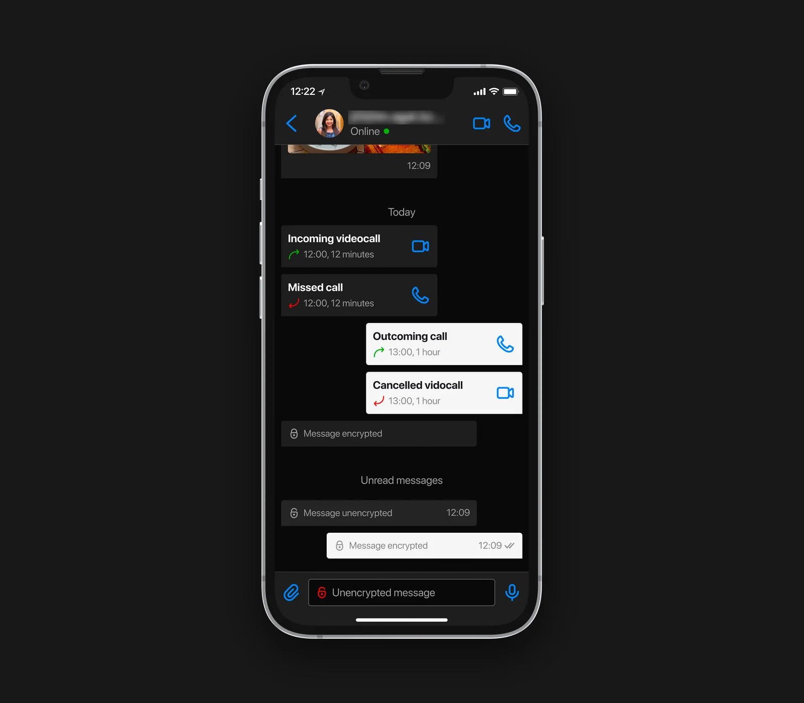 Card disabled: the chat marks messages as unencrypted.