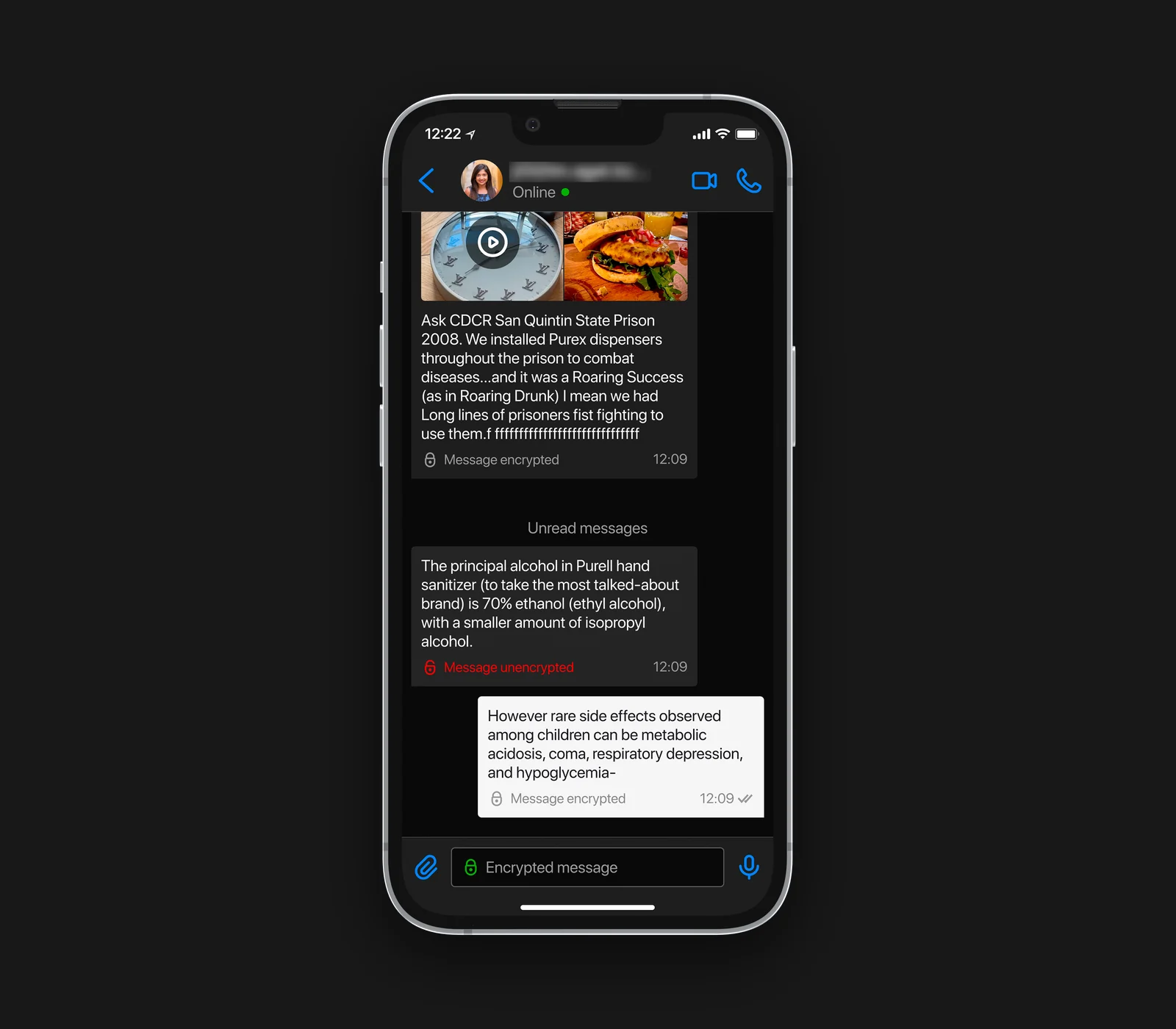 Card enabled: messages are sent encrypted.