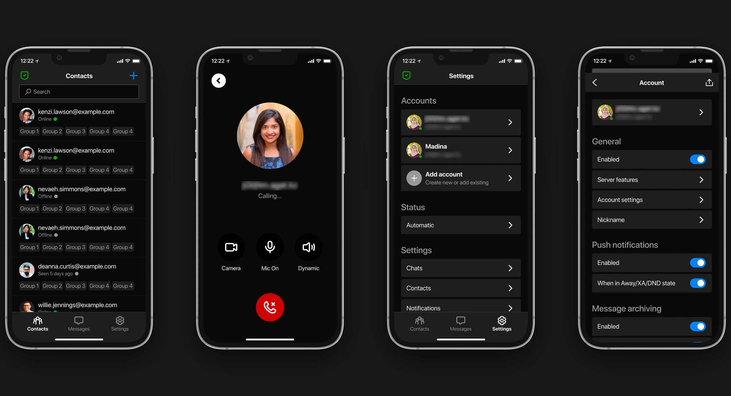 Contacts, a call, settings and the account screen; the test account’s address is blurred.