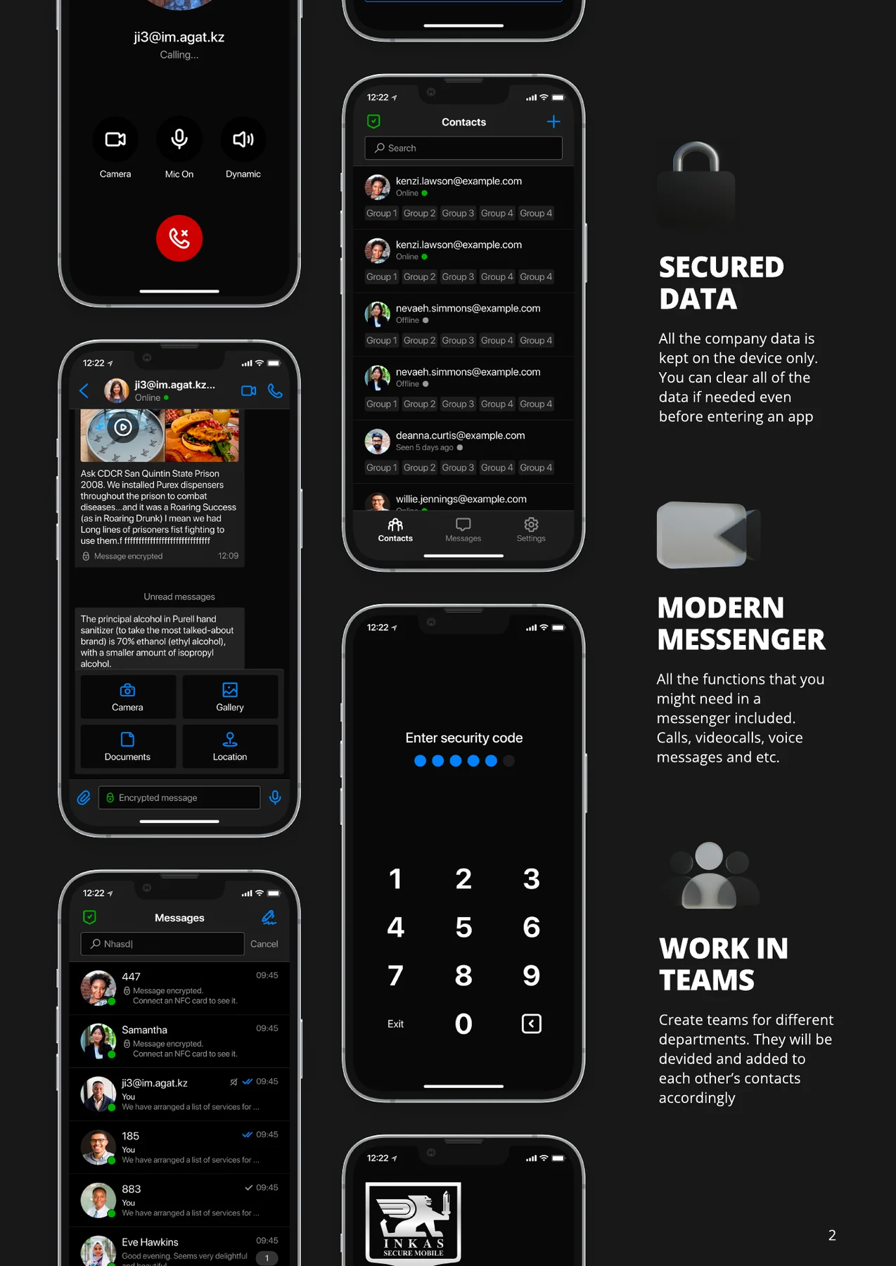 Page 2: secured data, a modern messenger, work in teams.