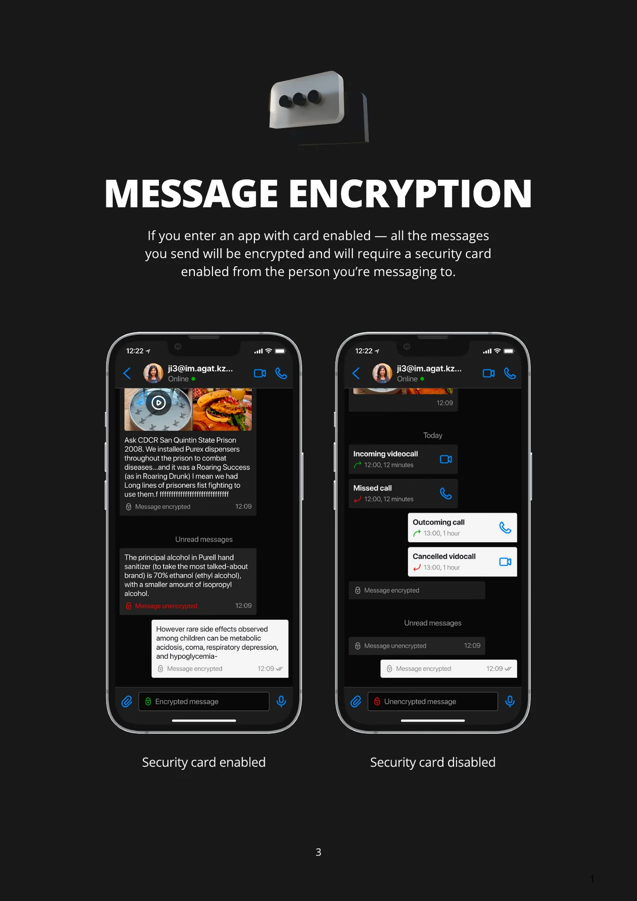 Page 3: message encryption with the card enabled and disabled.