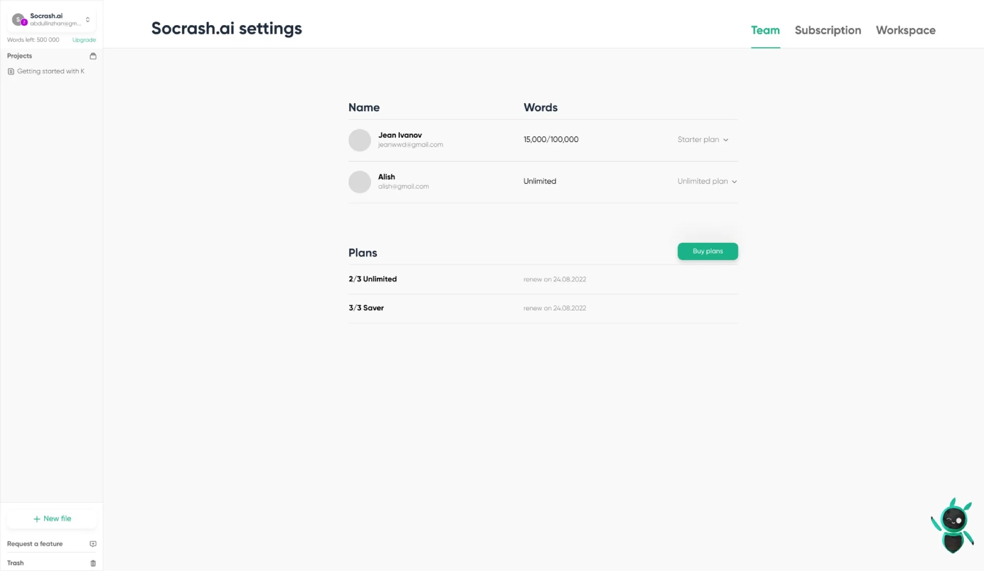 Workspace settings.
