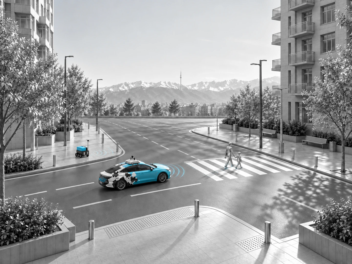 The pedestrian crossing stays at the centre of the visual story.